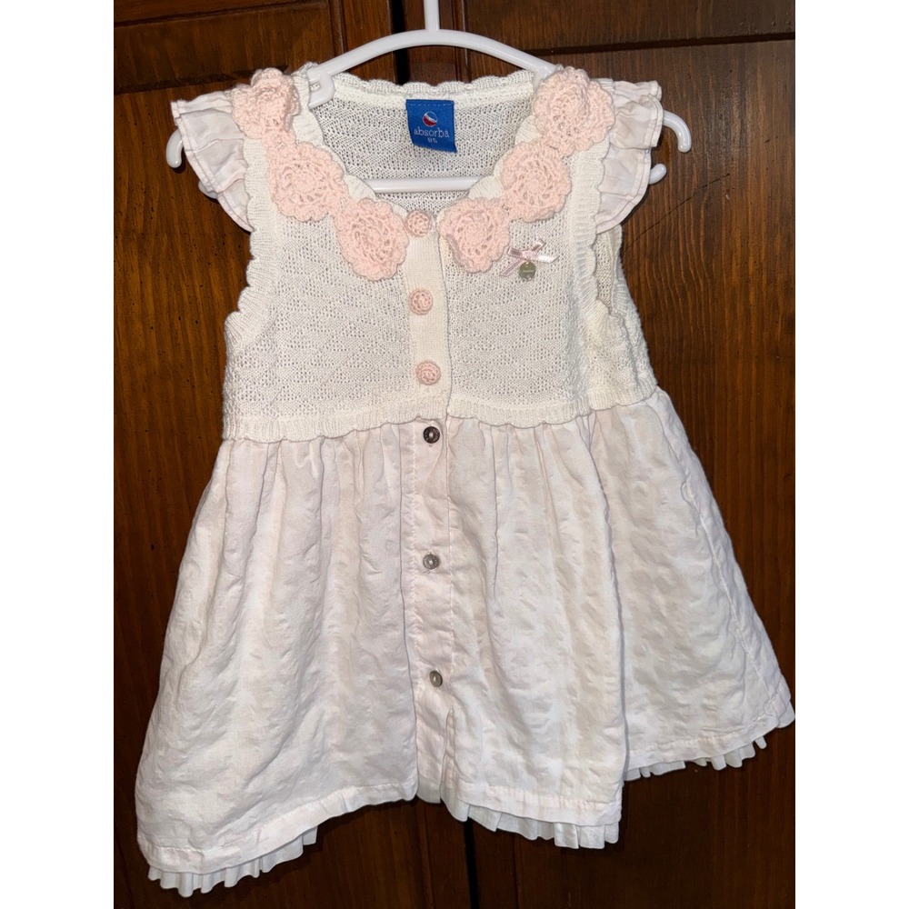 Absorba Baby Girl White Pink Crochet Flower Knit Mixed Media Dress Size 85 18M